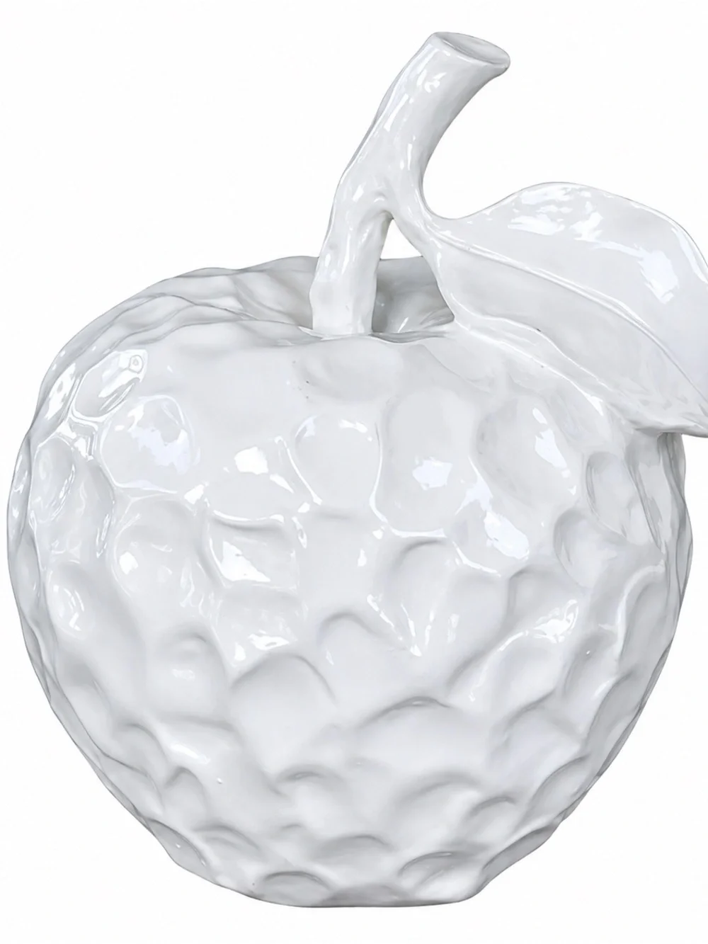 White Apple Stem w/Leaf Ceramic 3D Textured 6” Cottagecore Shabby Chic Farmhouse
